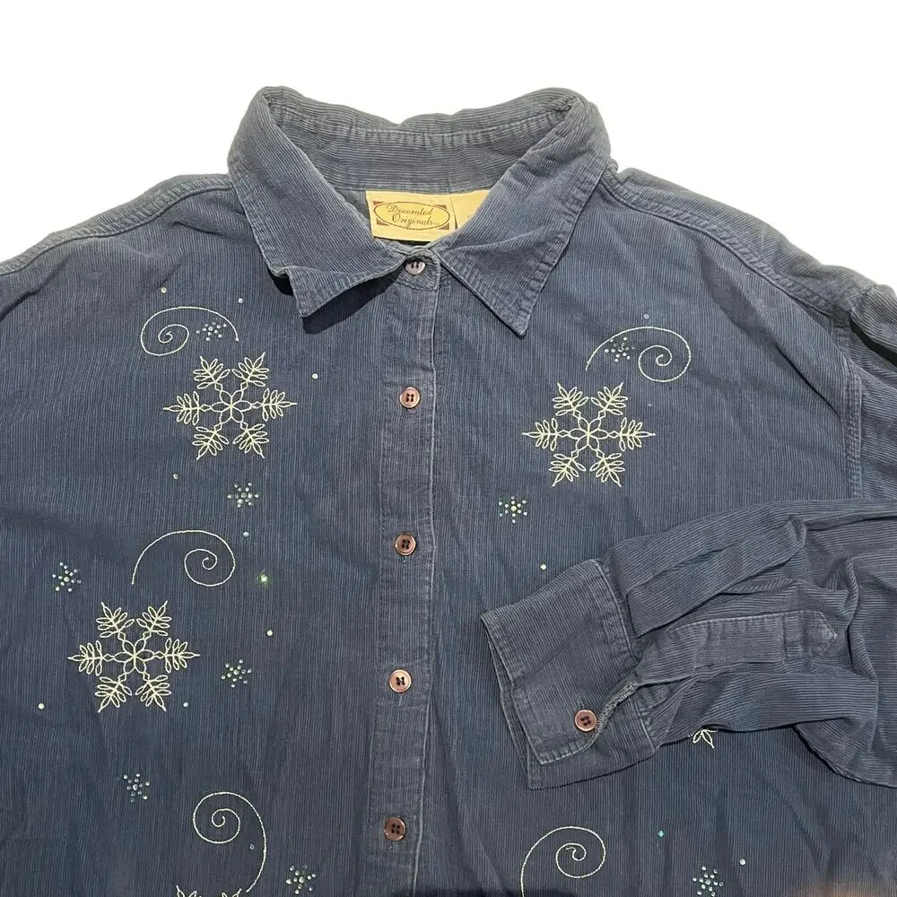 Decorated Originals Corduroy Christmas Shirt Womens XL Cotton‎ Blue Snowman